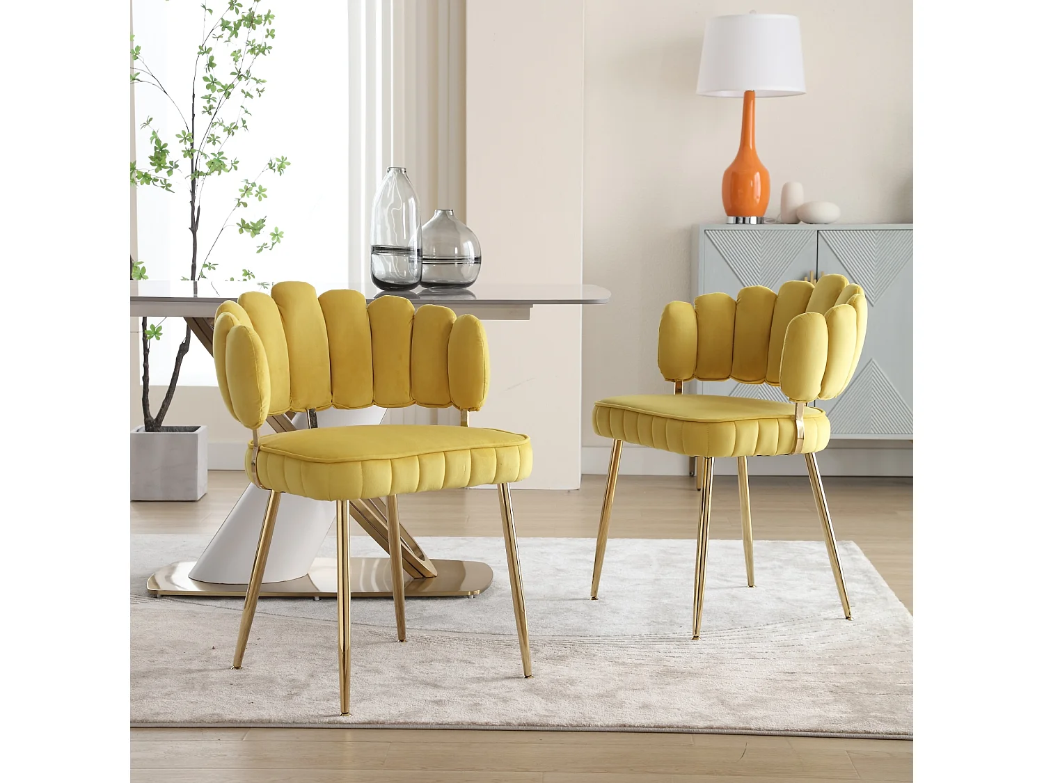 Set van 2 eetkamerstoelen, fluwelen stoel, eenvoudige relaxstoel met gouden poten, 58x56x78cm, Geel
