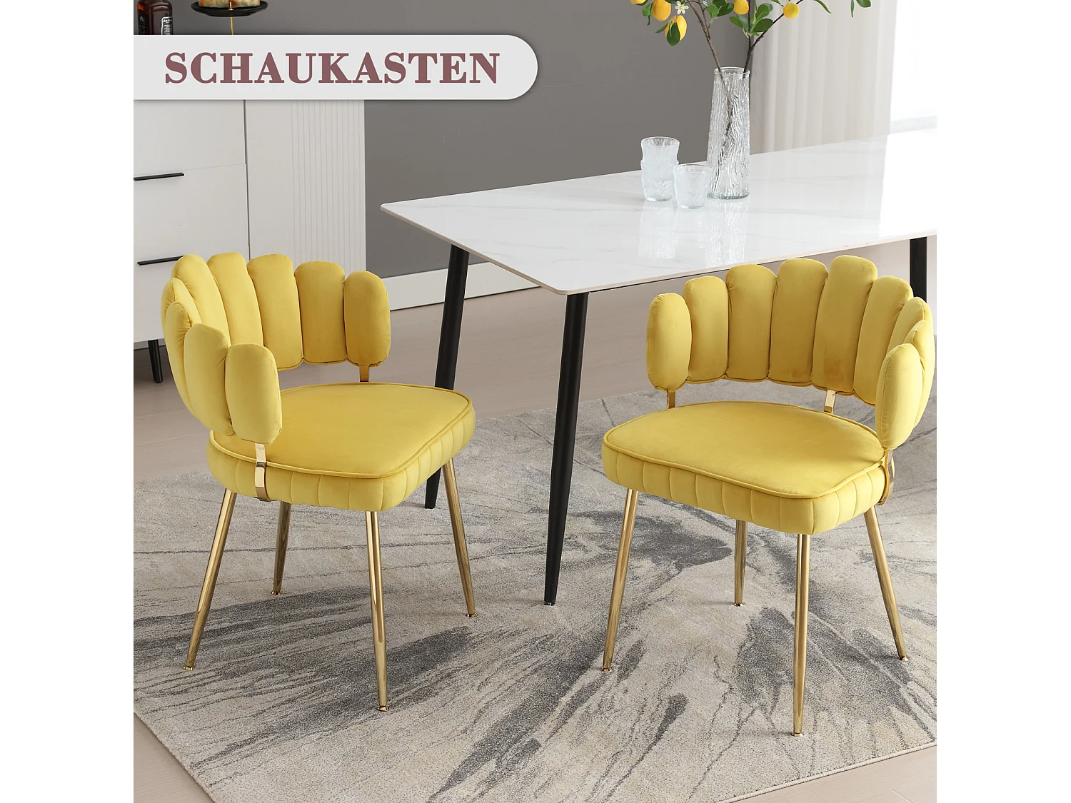 Set van 2 eetkamerstoelen, fluwelen stoel, eenvoudige relaxstoel met gouden poten, 58x56x78cm, Geel