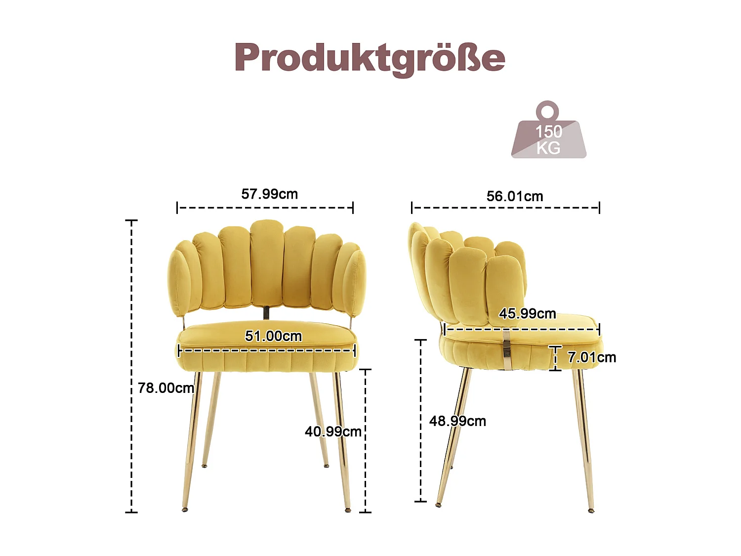 Set van 2 eetkamerstoelen, fluwelen stoel, eenvoudige relaxstoel met gouden poten, 58x56x78cm, Geel