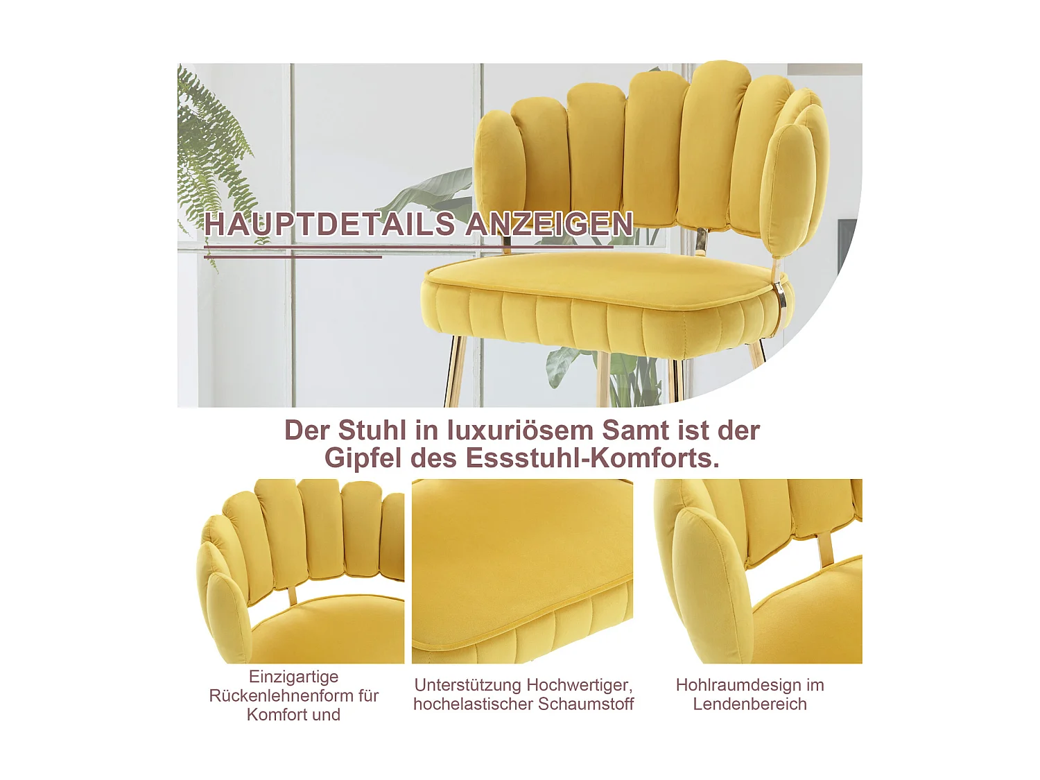 Set van 2 eetkamerstoelen, fluwelen stoel, eenvoudige relaxstoel met gouden poten, 58x56x78cm, Geel