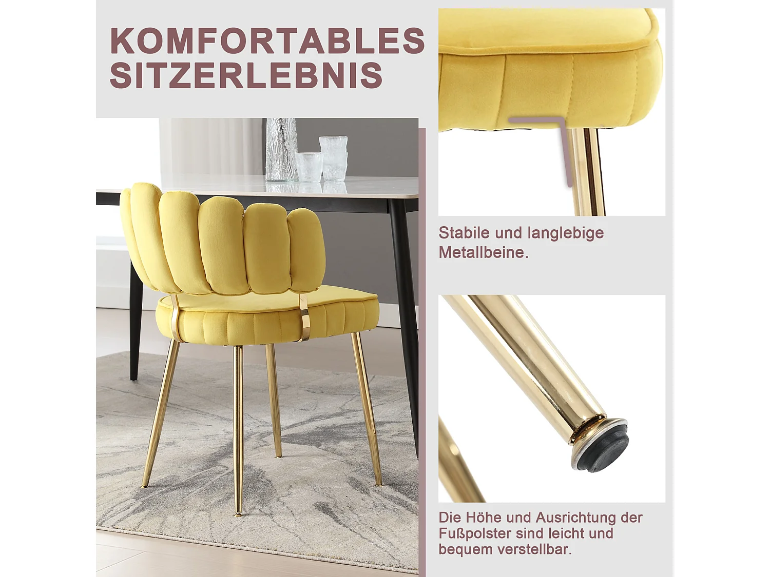 Set van 2 eetkamerstoelen, fluwelen stoel, eenvoudige relaxstoel met gouden poten, 58x56x78cm, Geel