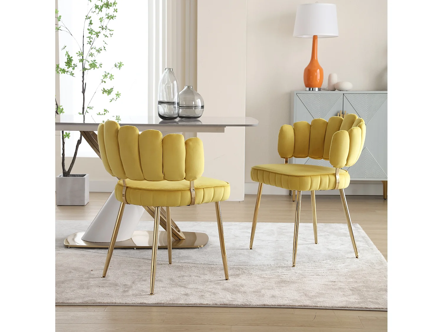 Set van 2 eetkamerstoelen, fluwelen stoel, eenvoudige relaxstoel met gouden poten, 58x56x78cm, Geel