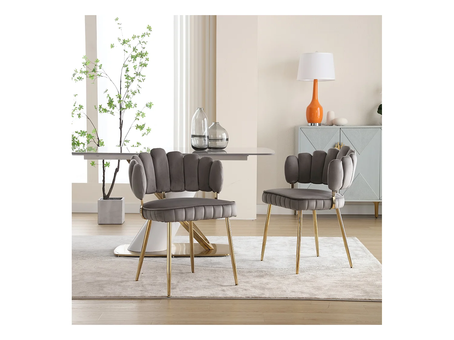 Lot de 2 chaises de salle à manger, chaise d'appoint velours , chaise simple de loisir avec pieds dorés, 58x56x78cm, Gris