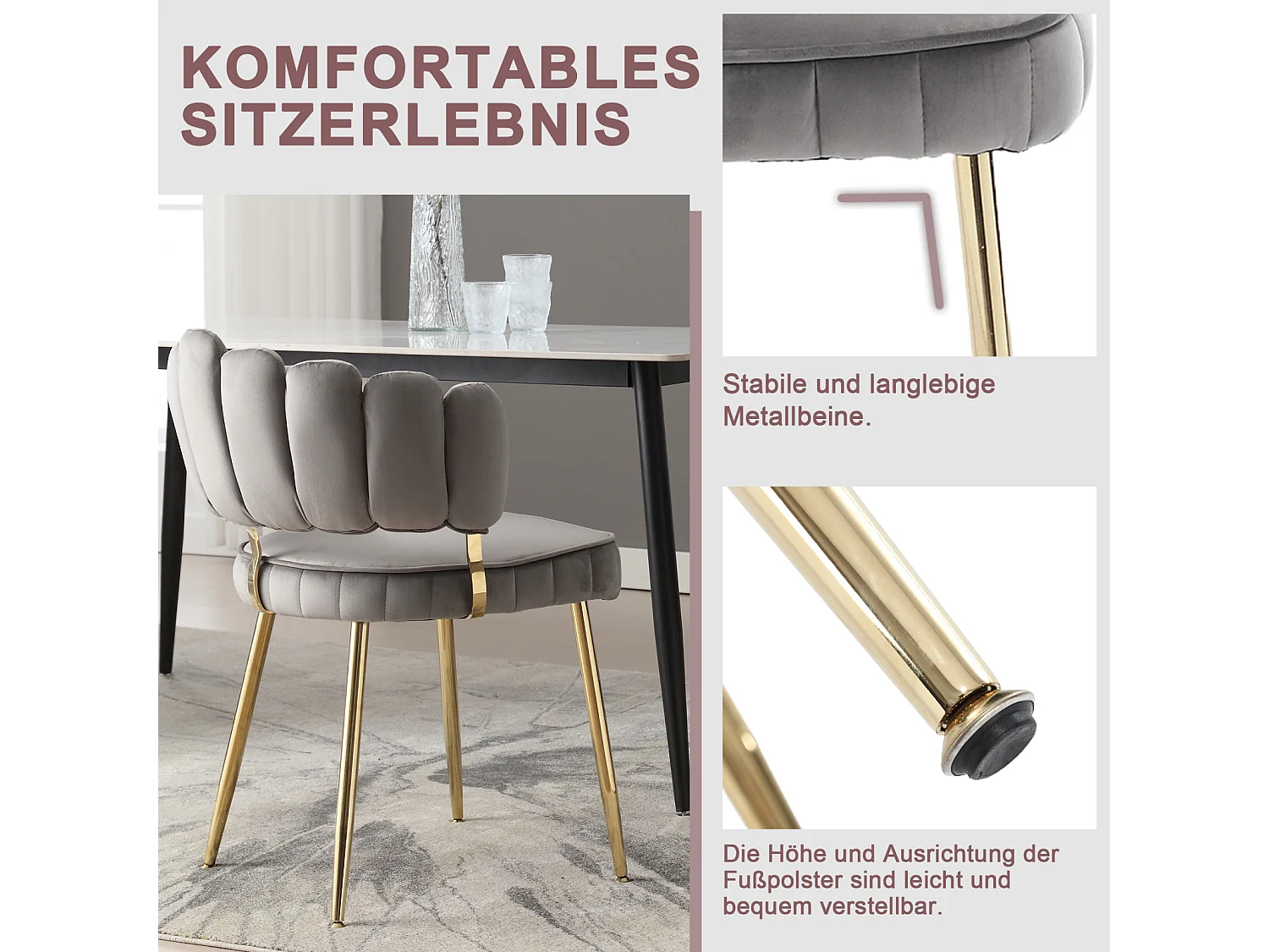 Set van 2 eetkamerstoelen, fluwelen stoel, eenvoudige relaxstoel met gouden poten, 58x56x78cm, Grijs