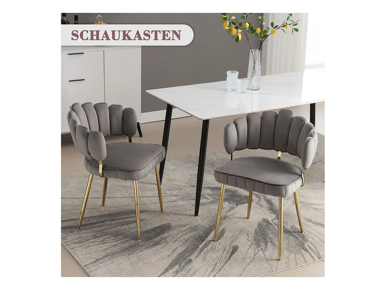 Set van 2 eetkamerstoelen, fluwelen stoel, eenvoudige relaxstoel met gouden poten, 58x56x78cm, Grijs