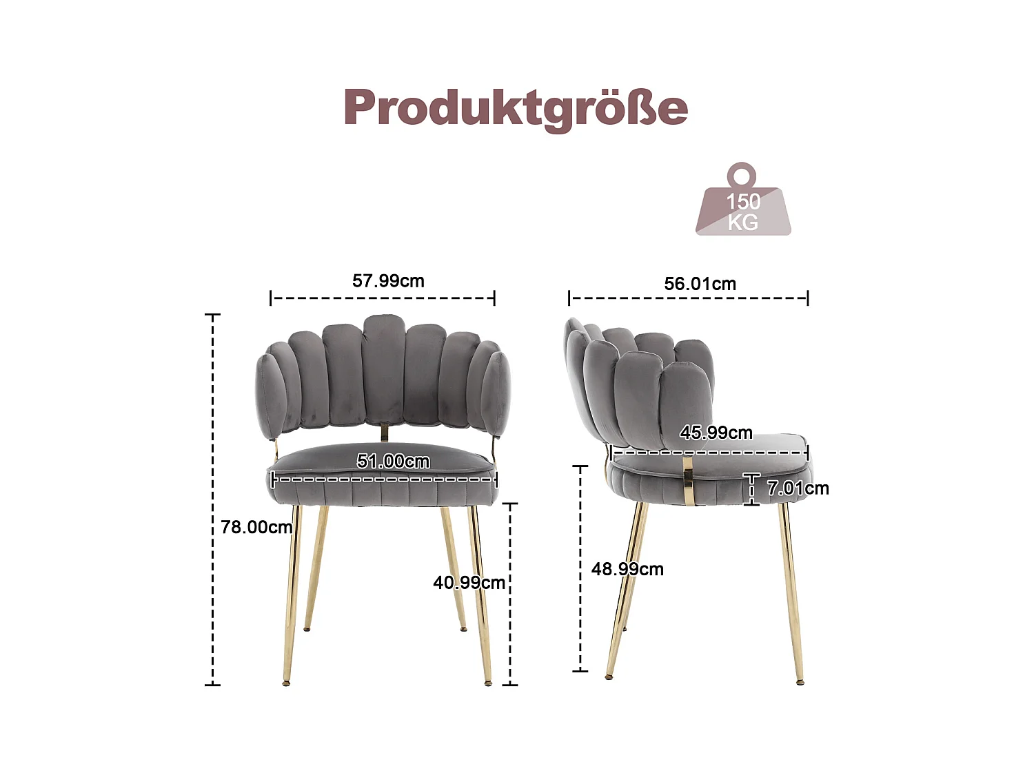 Set van 2 eetkamerstoelen, fluwelen stoel, eenvoudige relaxstoel met gouden poten, 58x56x78cm, Grijs