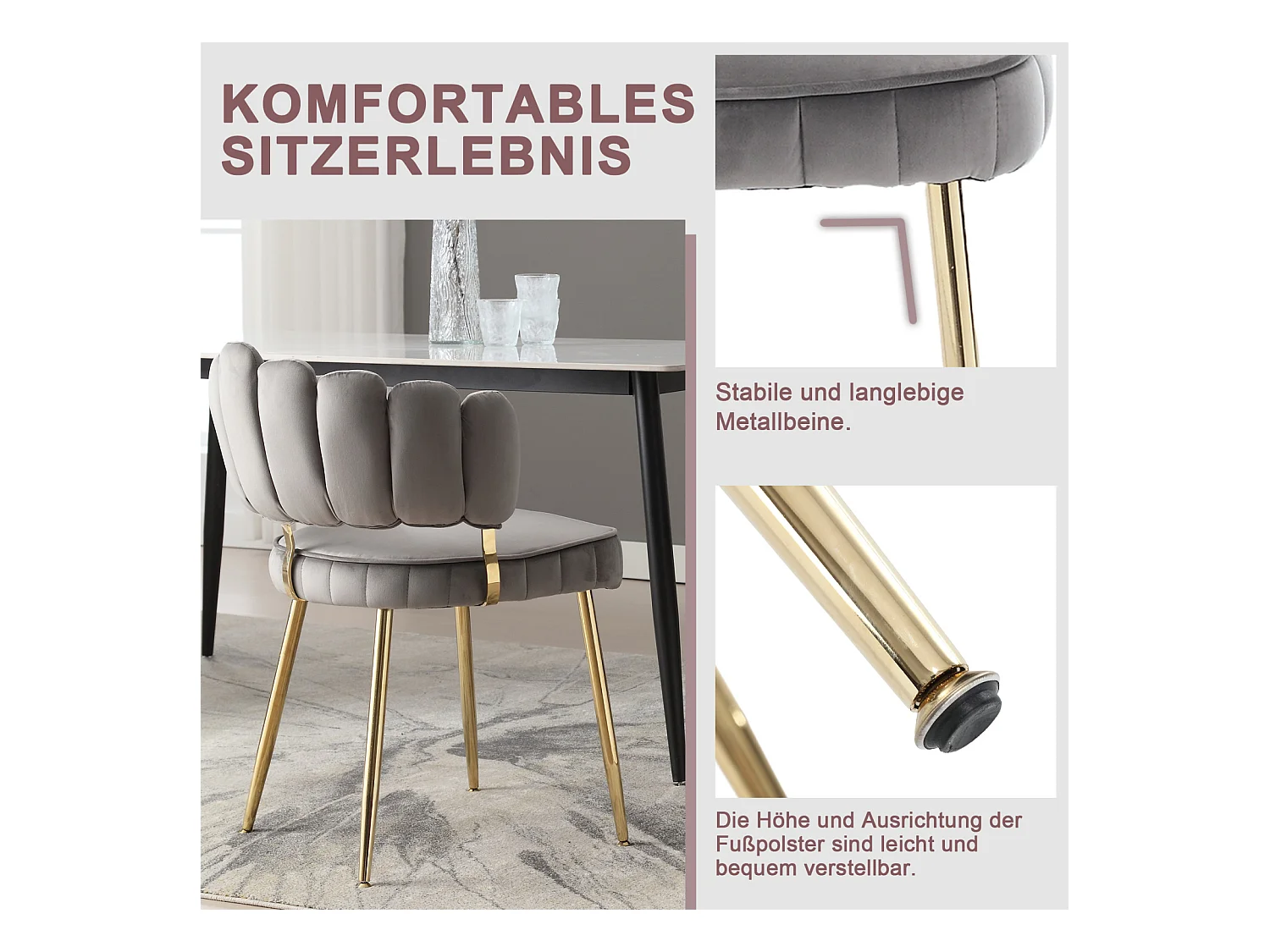 Set van 2 eetkamerstoelen, fluwelen stoel, eenvoudige relaxstoel met gouden poten, 58x56x78cm, Grijs