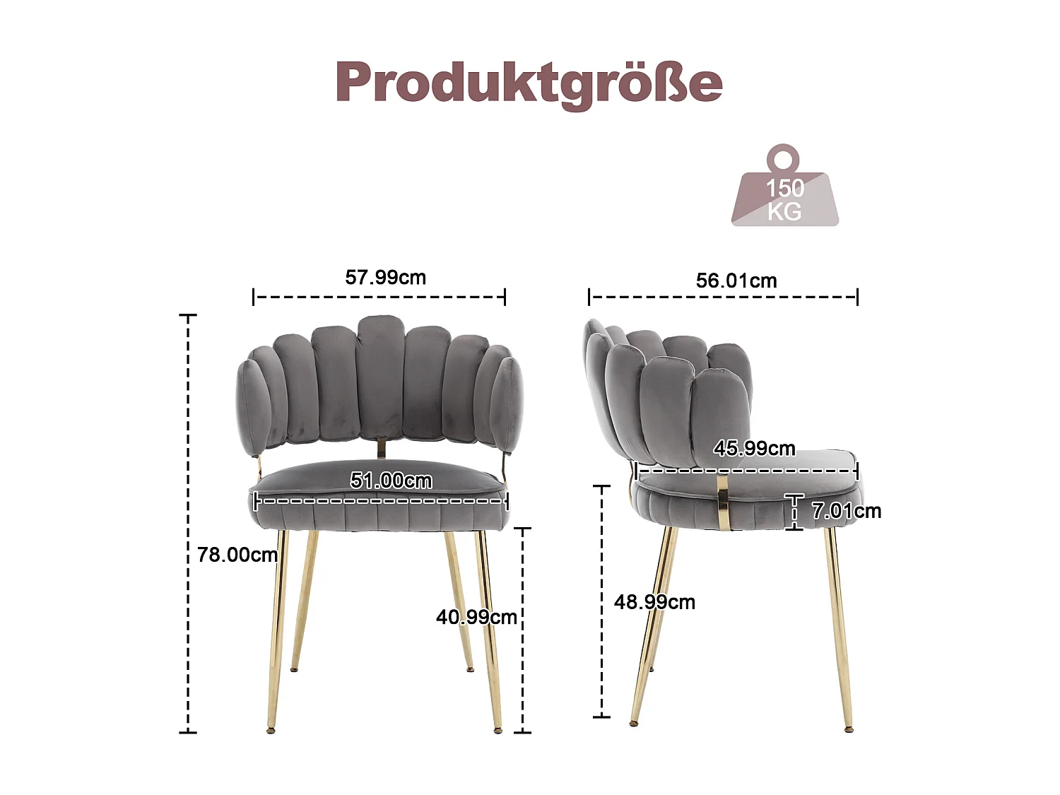 Set van 2 eetkamerstoelen, fluwelen stoel, eenvoudige relaxstoel met gouden poten, 58x56x78cm, Grijs