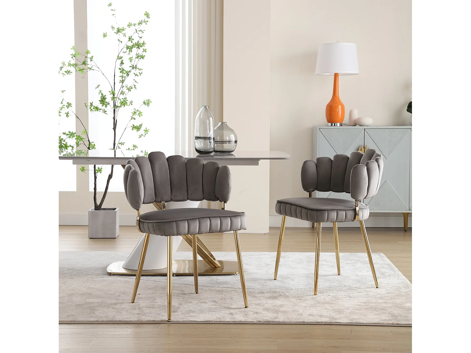 Lot de 2 chaises de salle à manger, chaise d'appoint velours , chaise simple de loisir avec pieds dorés, 58x56x78cm, Gris
