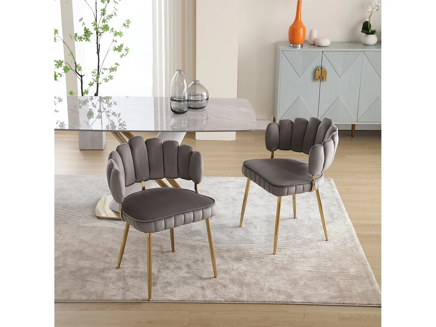 Lot de 2 chaises de salle à manger, chaise d'appoint velours , chaise simple de loisir avec pieds dorés, 58x56x78cm, Gris