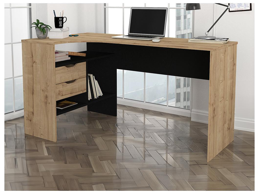 Hoekbureau met opbergruimte - Kleur: houtlook en zwart - LAKISA