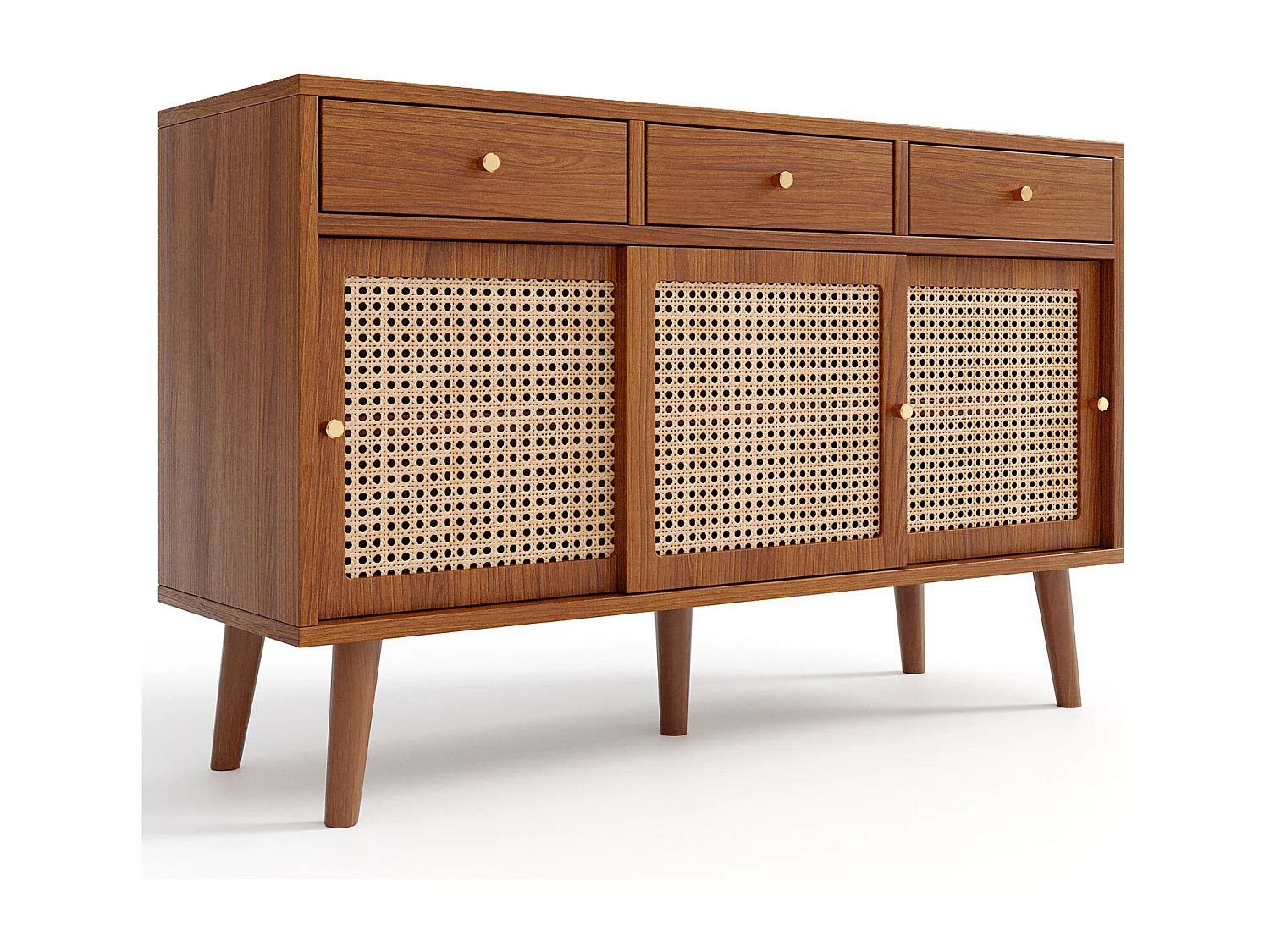 Buffet en rotin 120x40x78cm, avec 3 tiroirs et 3 portes coulissantes, pieds en bois massif, poignée en métal doré, étagères réglables, noyer