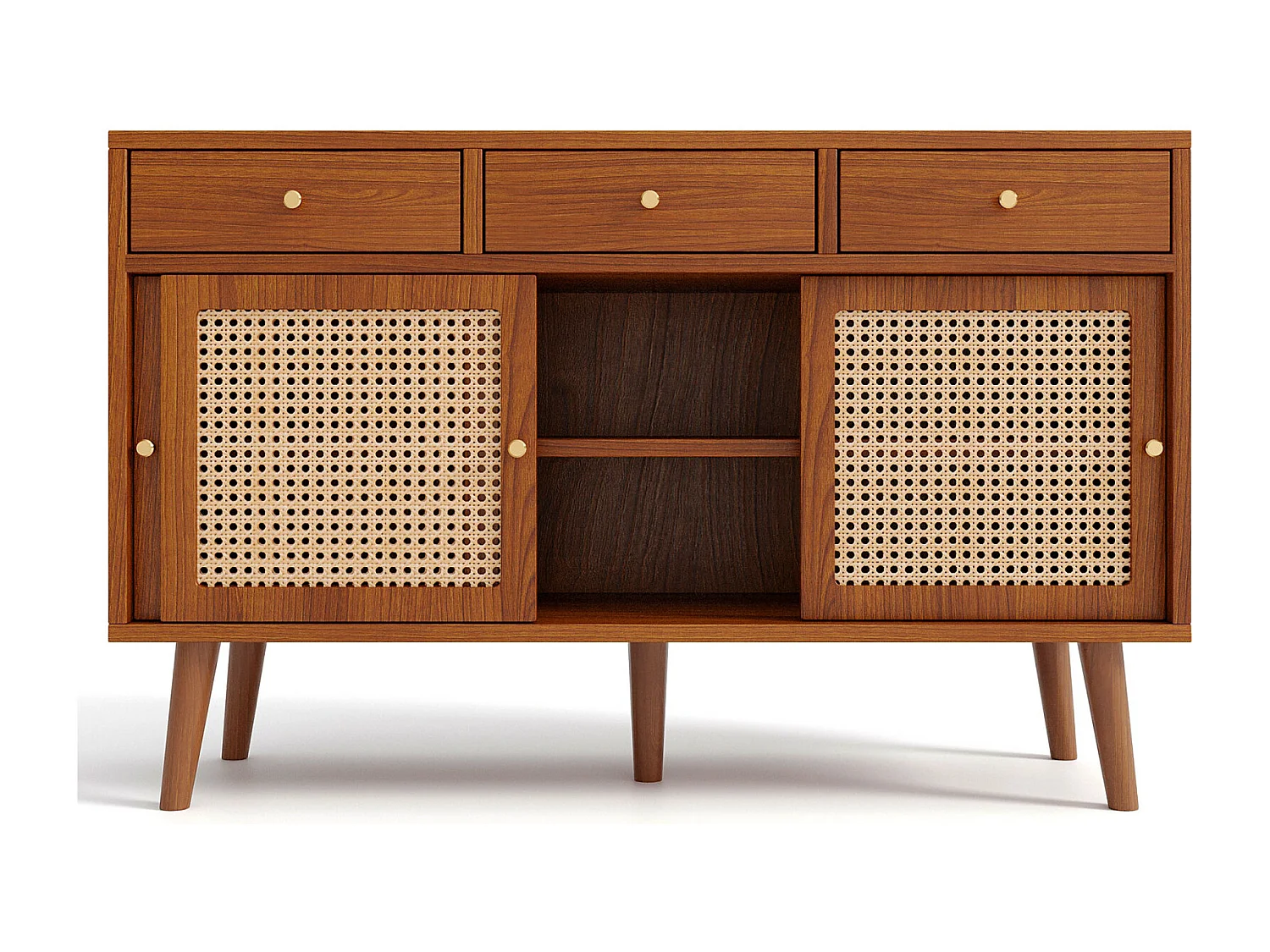 Buffet en rotin 120x40x78cm, avec 3 tiroirs et 3 portes coulissantes, pieds en bois massif, poignée en métal doré, étagères réglables, noyer