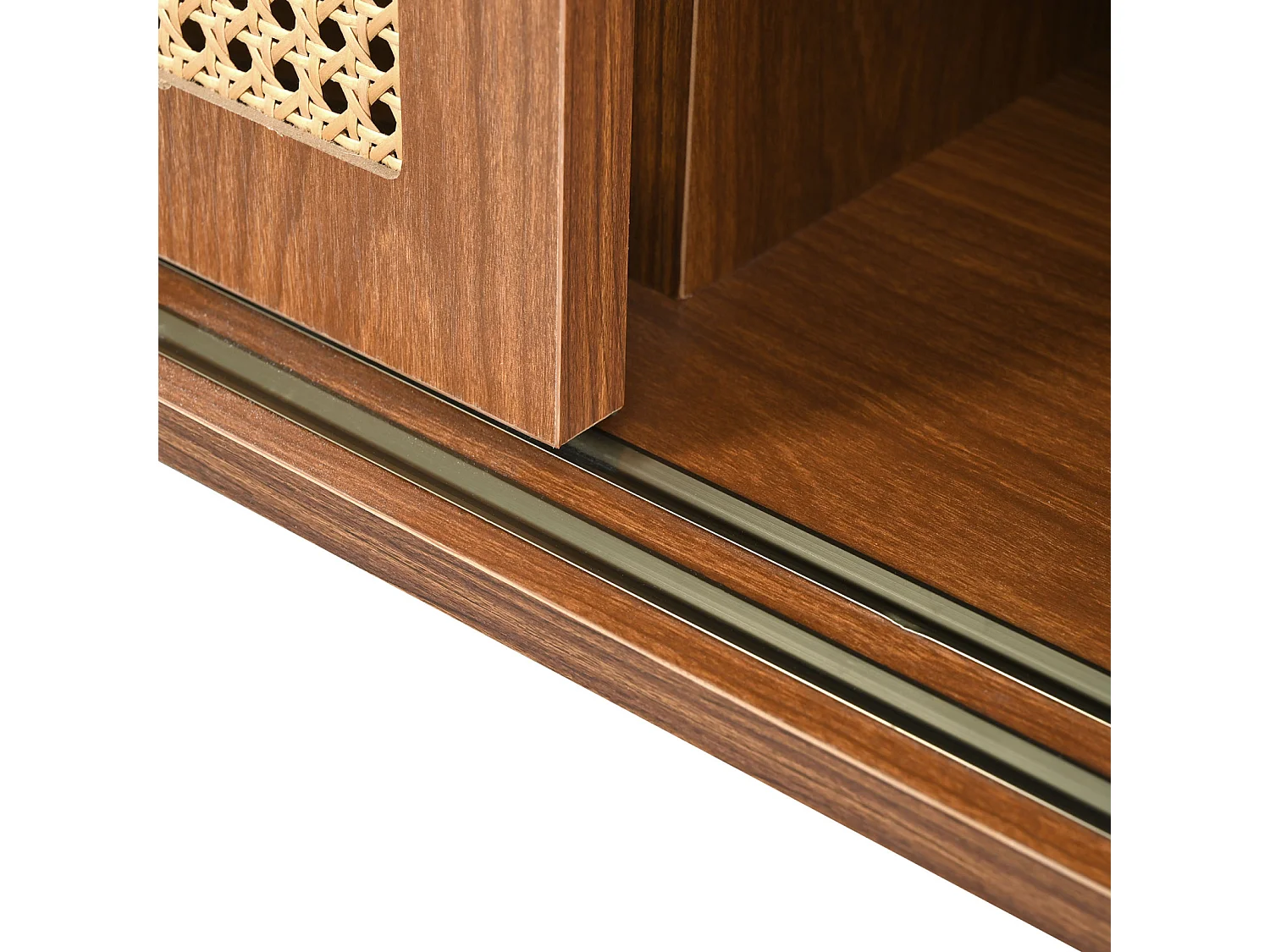Buffet en rotin 120x40x78cm, avec 3 tiroirs et 3 portes coulissantes, pieds en bois massif, poignée en métal doré, étagères réglables, noyer