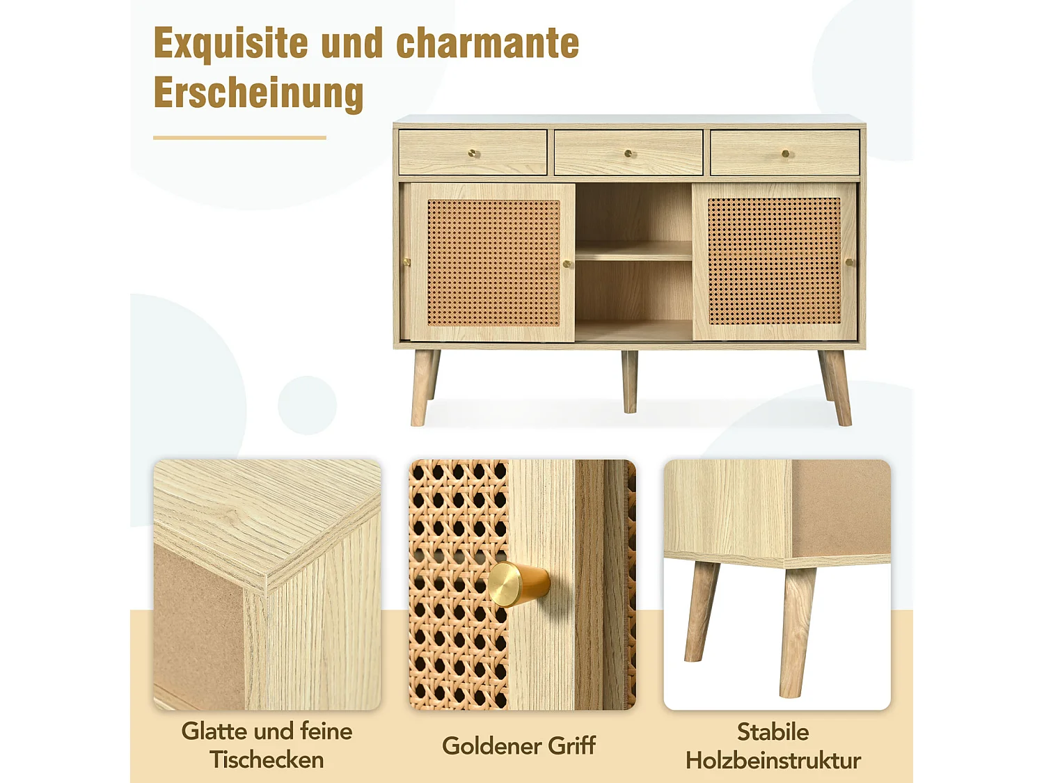 Rotan dressoir 120x40x78cm, met 3 lades en 3 schuifdeuren, poten van massief hout, handgreep van goudkleurig metaal, verstelbare planken