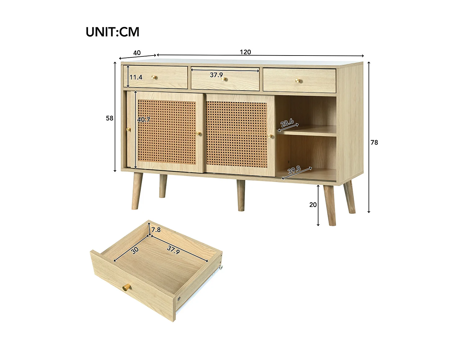 Rotan dressoir 120x40x78cm, met 3 lades en 3 schuifdeuren, poten van massief hout, handgreep van goudkleurig metaal, verstelbare planken