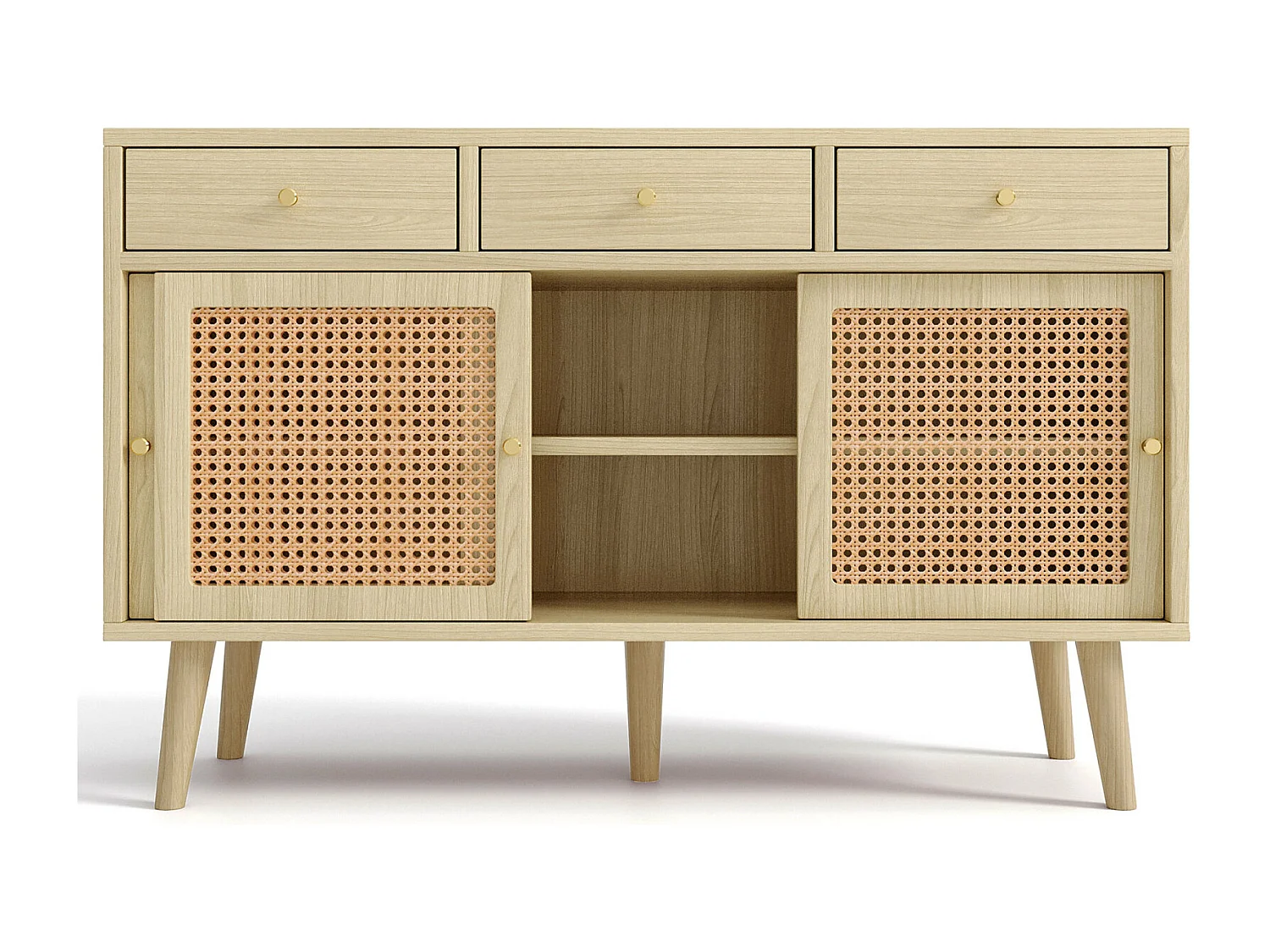 Buffet en rotin 120x40x78cm, avec 3 tiroirs et 3 portes coulissantes, pieds en bois massif, poignée en métal doré, étagères réglables