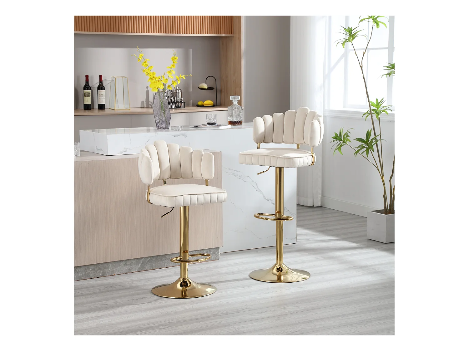 Lot de 2 tabourets de bar pivotants, chaises réglables en hauteur avec repose-pieds pour cuisine, salle à manger, 48x44.5x92-114cm, beige