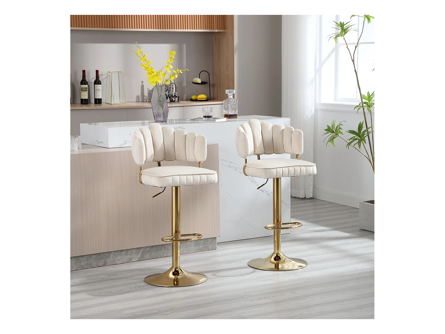 Set van 2 draaibare barkrukken, in hoogte verstelbare stoelen met voetenbank voor keuken/eetkamer, 48x44,5x92-114cm, beige