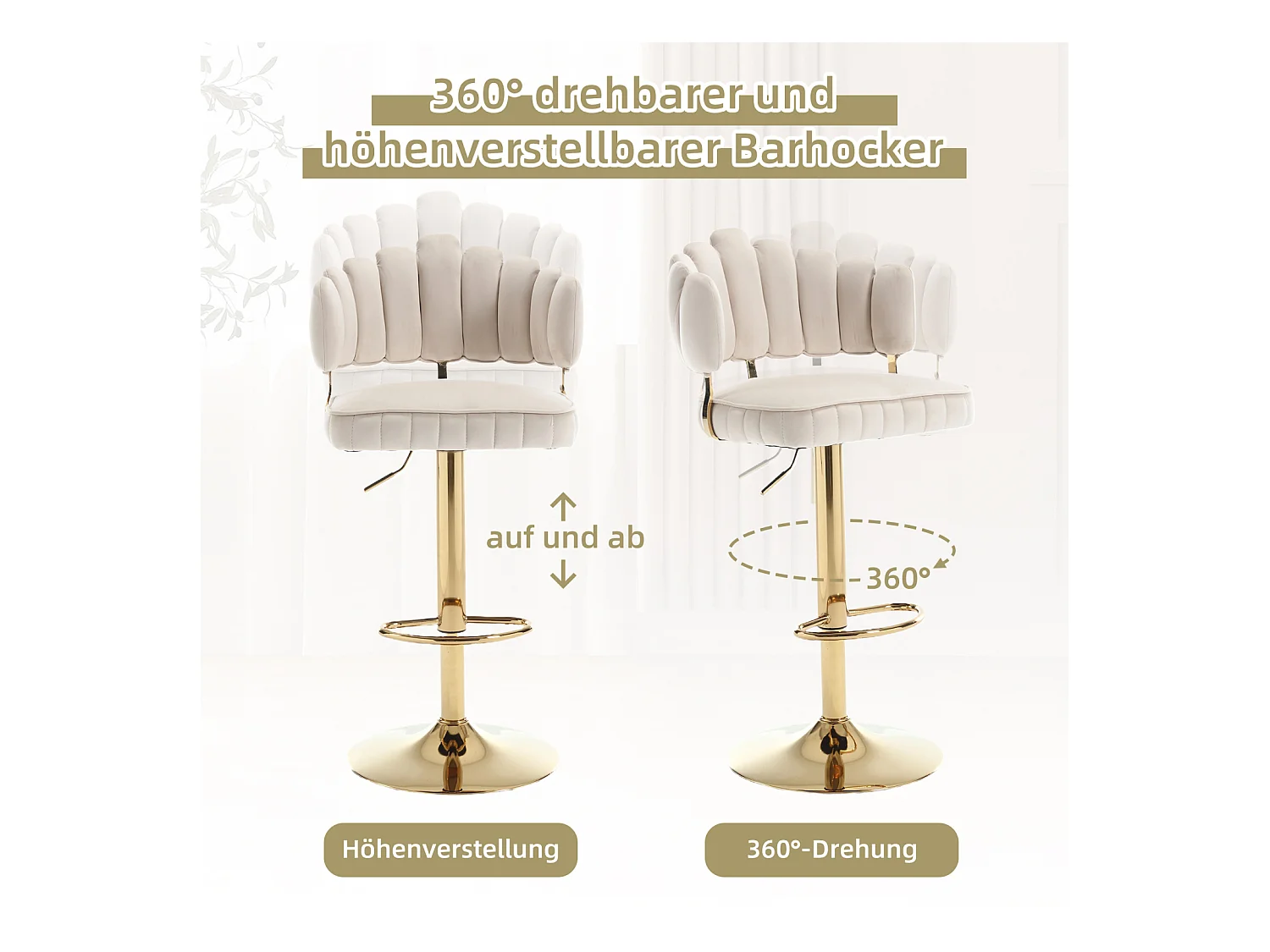Set van 2 draaibare barkrukken, in hoogte verstelbare stoelen met voetenbank voor keuken/eetkamer, 48x44,5x92-114cm, beige