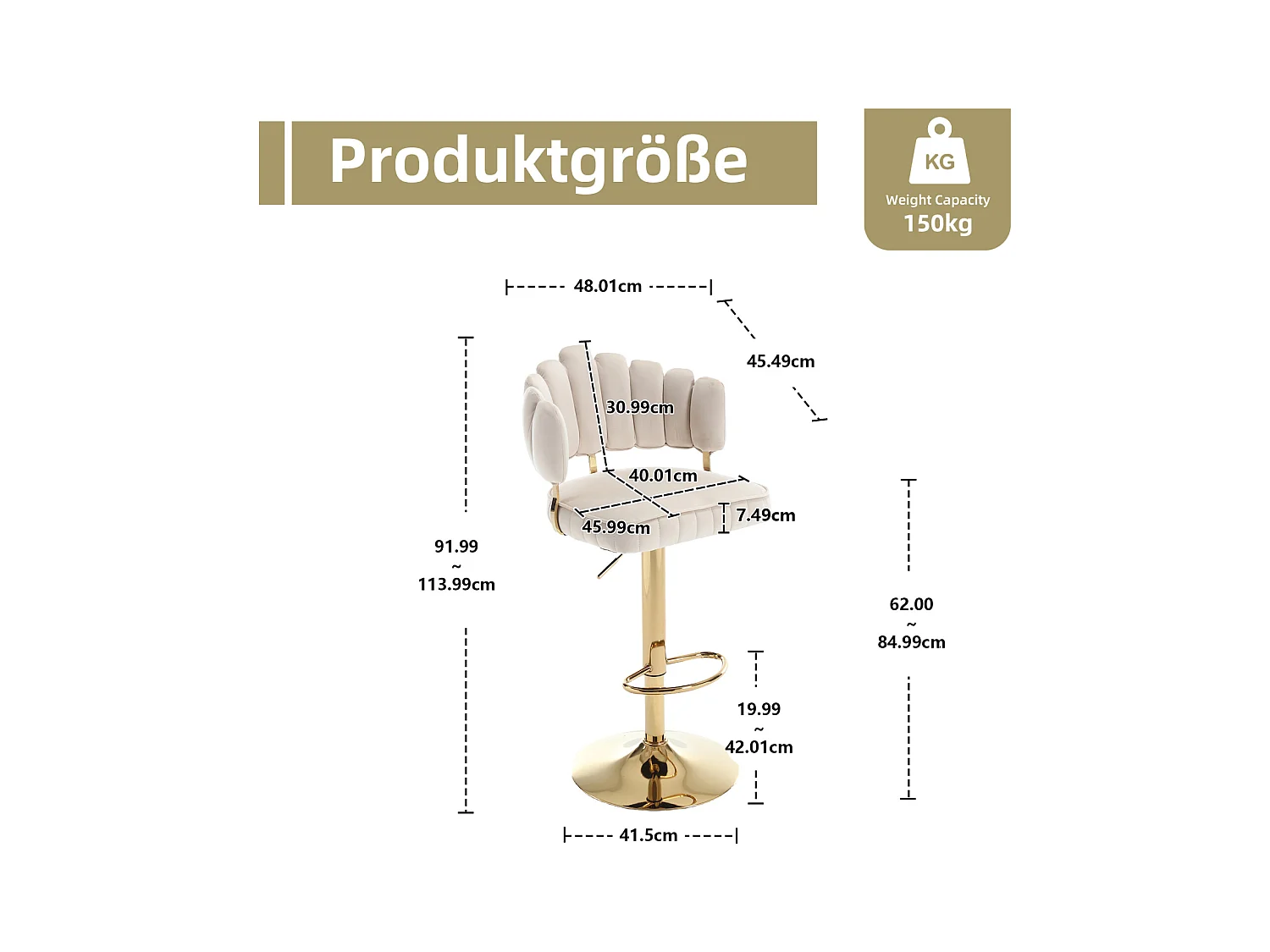 Set van 2 draaibare barkrukken, in hoogte verstelbare stoelen met voetenbank voor keuken/eetkamer, 48x44,5x92-114cm, beige