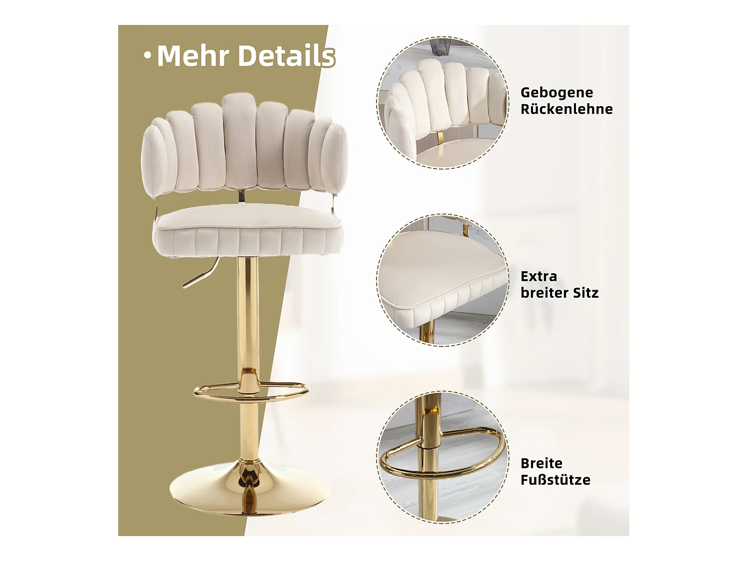 Set van 2 draaibare barkrukken, in hoogte verstelbare stoelen met voetenbank voor keuken/eetkamer, 48x44,5x92-114cm, beige