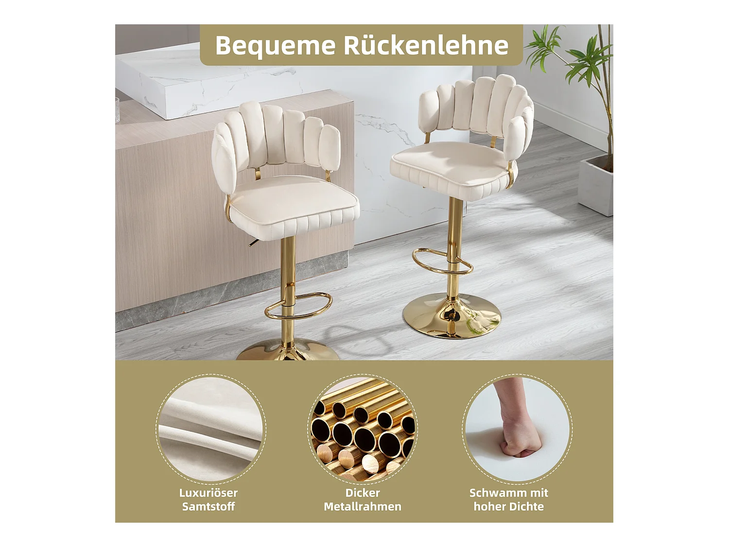 Set van 2 draaibare barkrukken, in hoogte verstelbare stoelen met voetenbank voor keuken/eetkamer, 48x44,5x92-114cm, beige