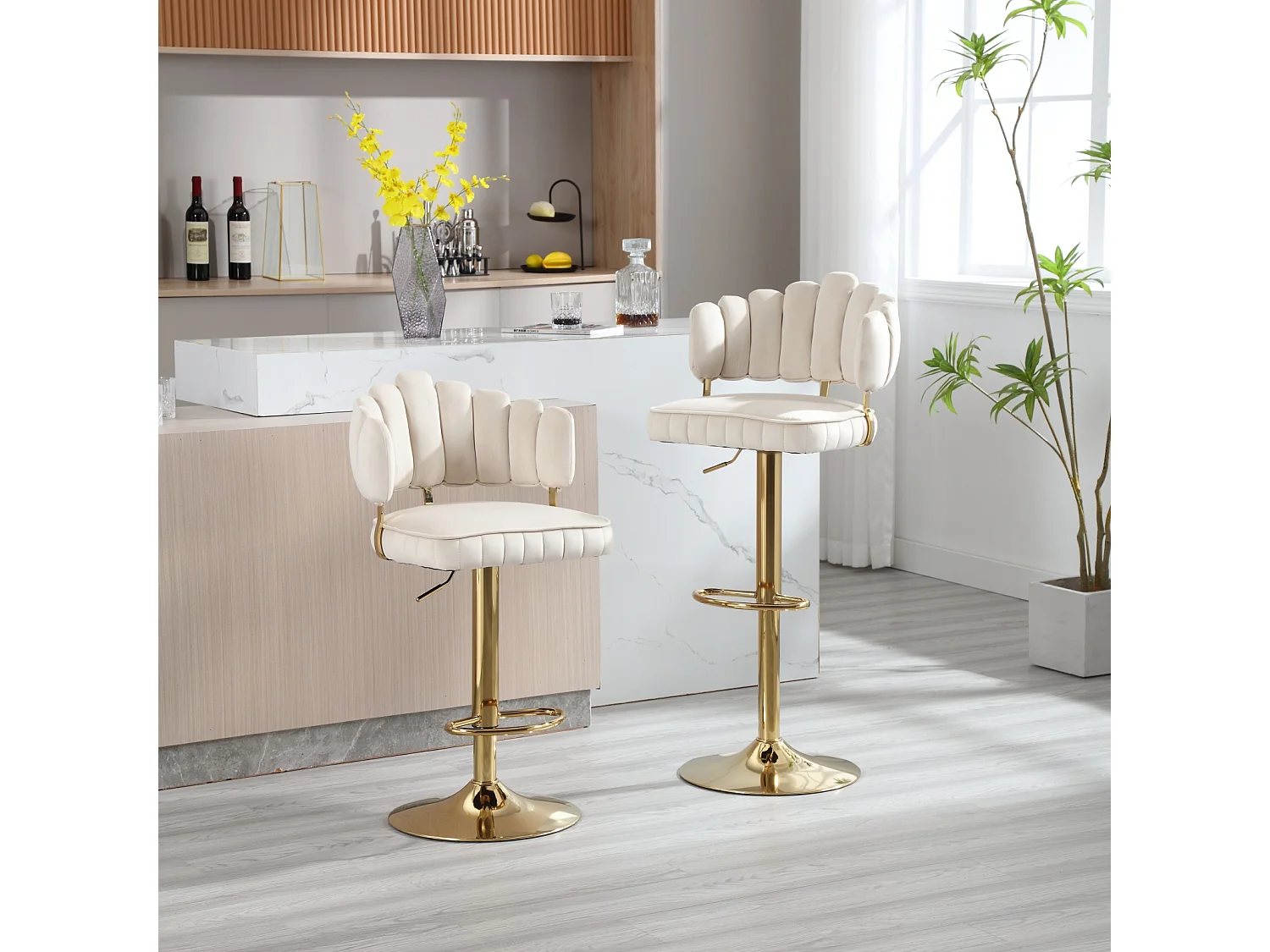 Lot de 2 tabourets de bar pivotants, chaises réglables en hauteur avec repose-pieds pour cuisine, salle à manger, 48x44.5x92-114cm, beige