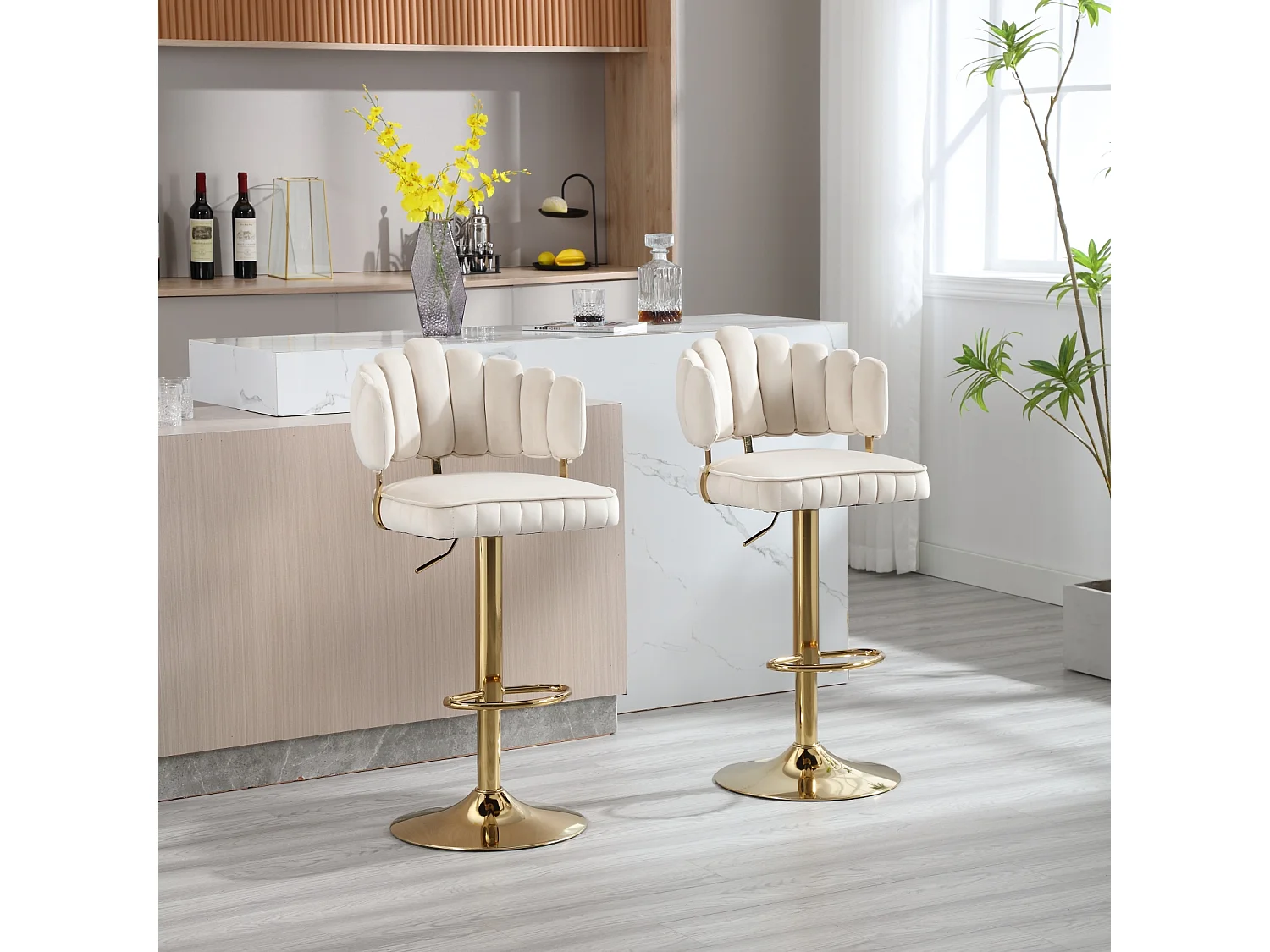 Lot de 2 tabourets de bar pivotants, chaises réglables en hauteur avec repose-pieds pour cuisine, salle à manger, 48x44.5x92-114cm, beige