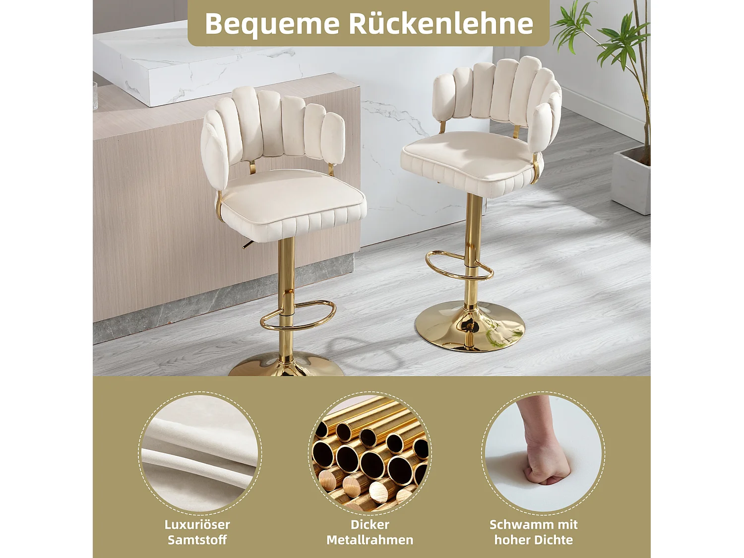 Lot de 2 tabourets de bar pivotants, chaises réglables en hauteur avec repose-pieds pour cuisine, salle à manger, 48x44.5x92-114cm, beige