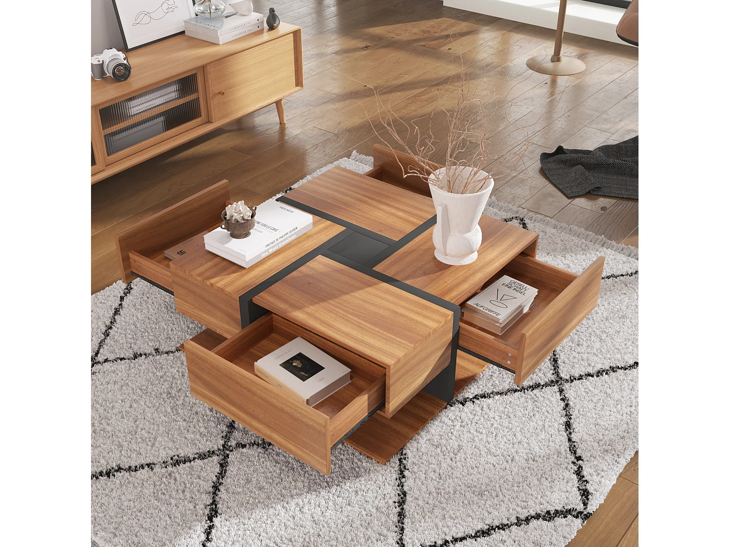 Quadratischer Couchtisch in Hochglanzoptik, mit 4 Schubladen, einzigartiges Design, Stauraum an der Unterseite, 78x78x36cm, Natur