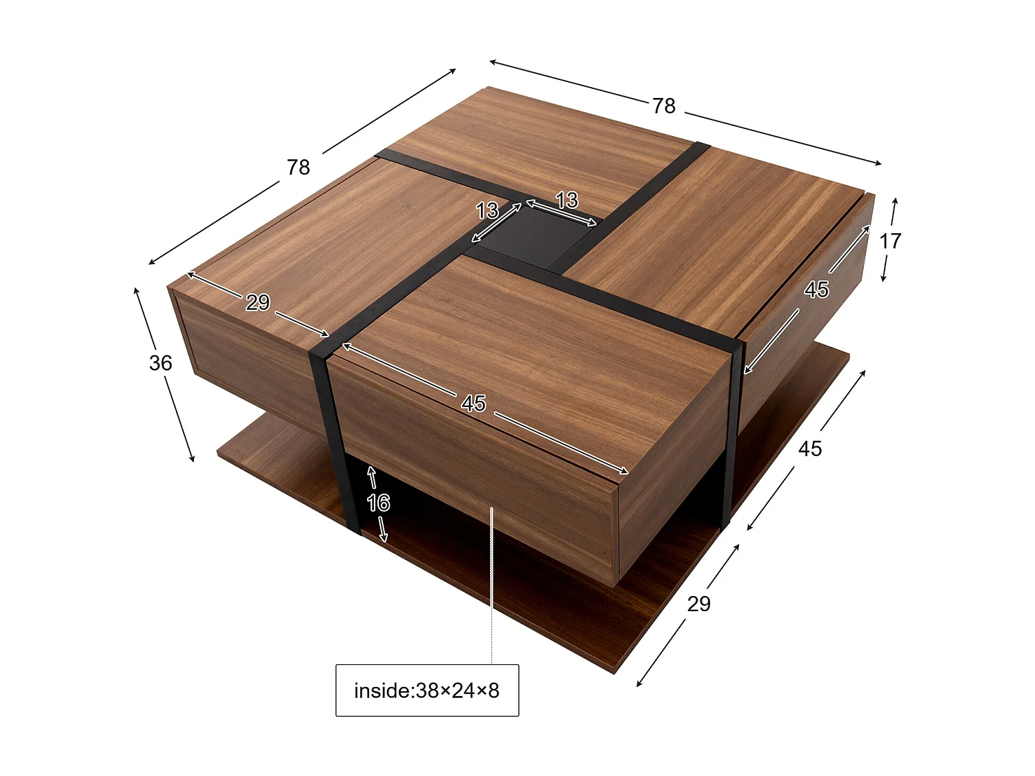 Hoogglans vierkante salontafel, met 4 lades, uniek design, opbergruimte onderaan, 78x78x36cm natuurlijk