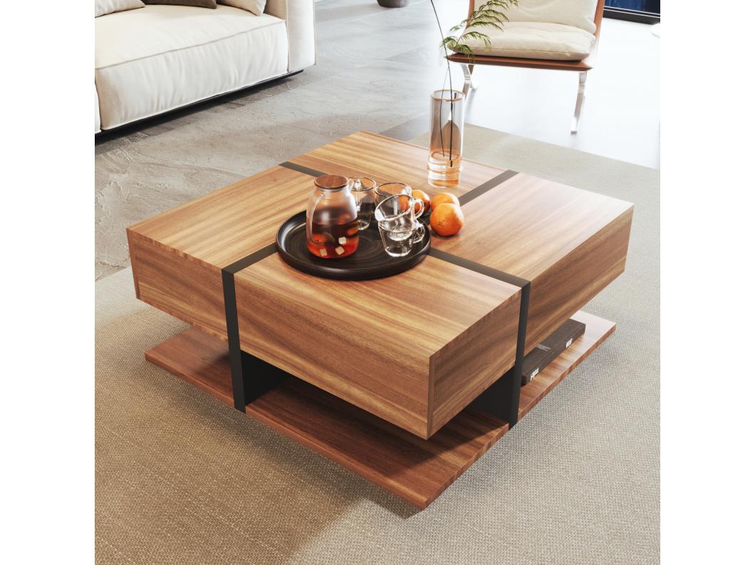 Hoogglans vierkante salontafel, met 4 lades, uniek design, opbergruimte onderaan, 78x78x36cm natuurlijk