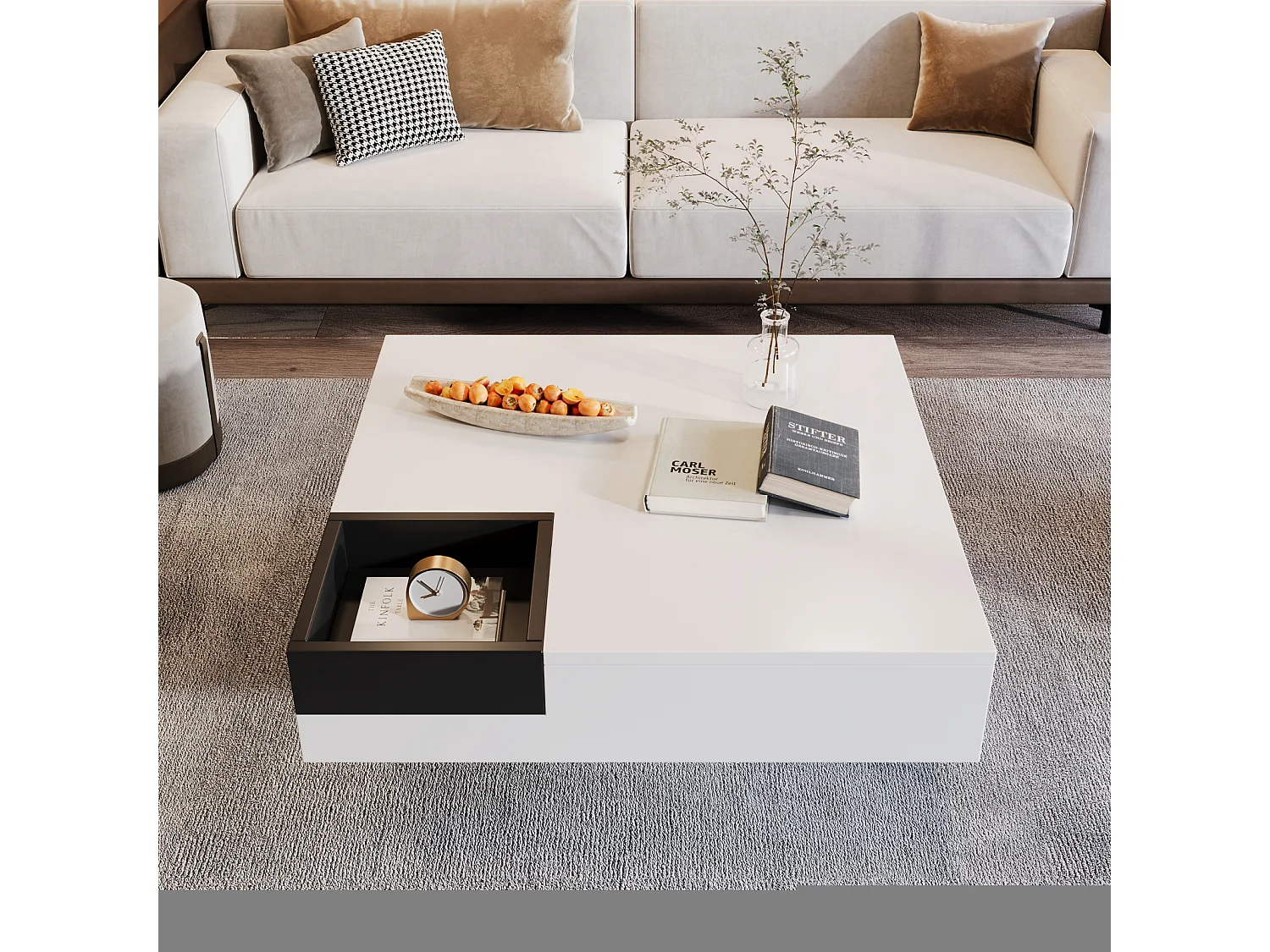 Table basse LED carré 72x72x30 cm, table de salon, table d'appoint avec boîte de rangement amovible, coloris blanc