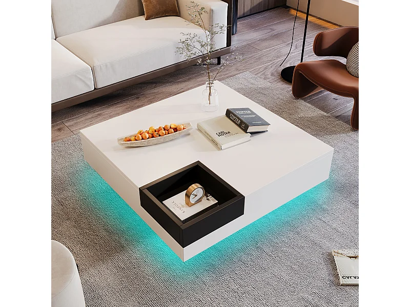 Mesa de centro quadrada LED 72x72x30 cm, mesa de sala, mesa de apoio com caixa de arrumação amovível, cor branco