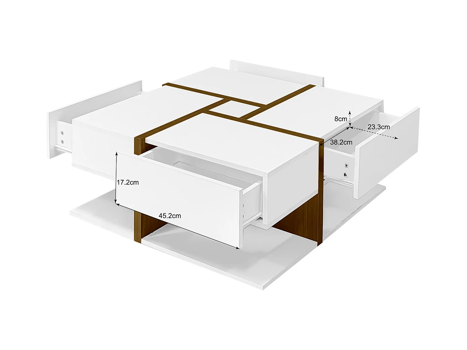 Mesa de centro retangular de 78 cm com 4 gavetas ocultas, estilo moderno, design geométrico, mesa de sala em madeira - branco