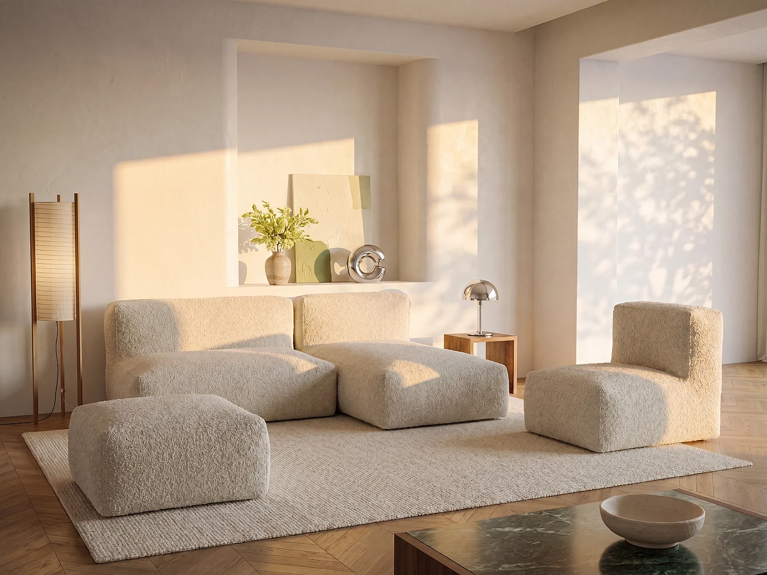 Chaise longue van beige boucléstof NOUMARA