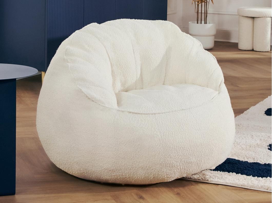 Fauteuil pouf coquillage en tissu bouclette blanc FONADO