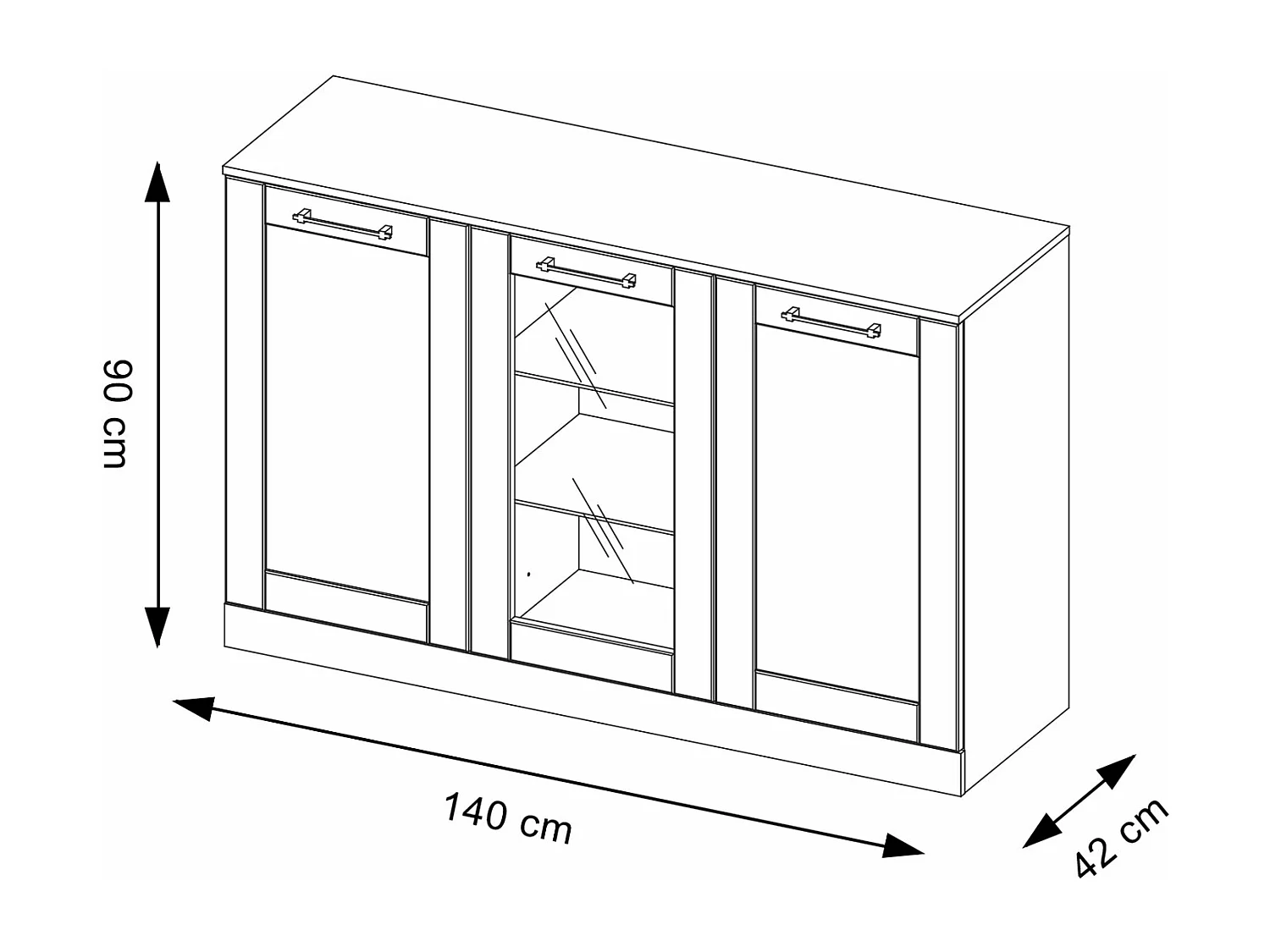 STANDVITRINE Cozy Eiche Rustikal 140 / 42 / 90cm