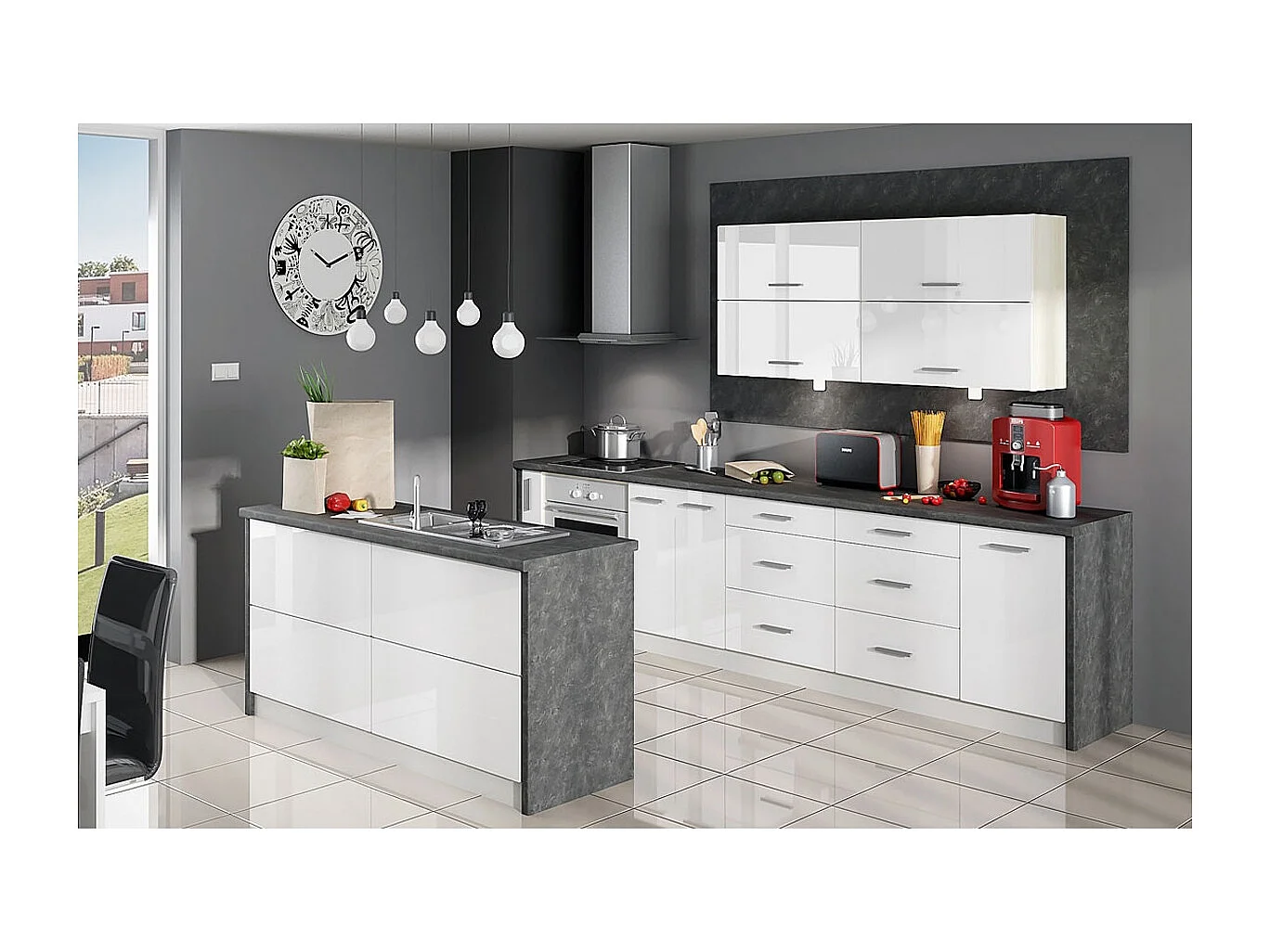 WINKELKÜCHE Platinium grau matt / weiß hochglanz 15-teilig