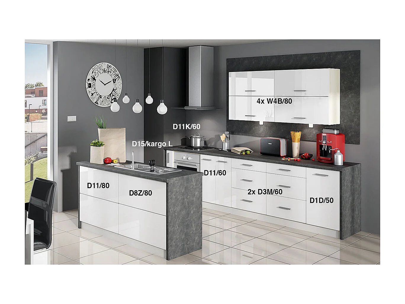 WINKELKÜCHE Platinium grau matt / weiß hochglanz 15-teilig