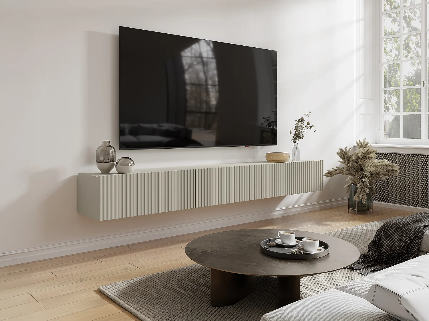 Meuble TV suspendu avec 3 portes - Beige - DANTAY de Pascal Morabito