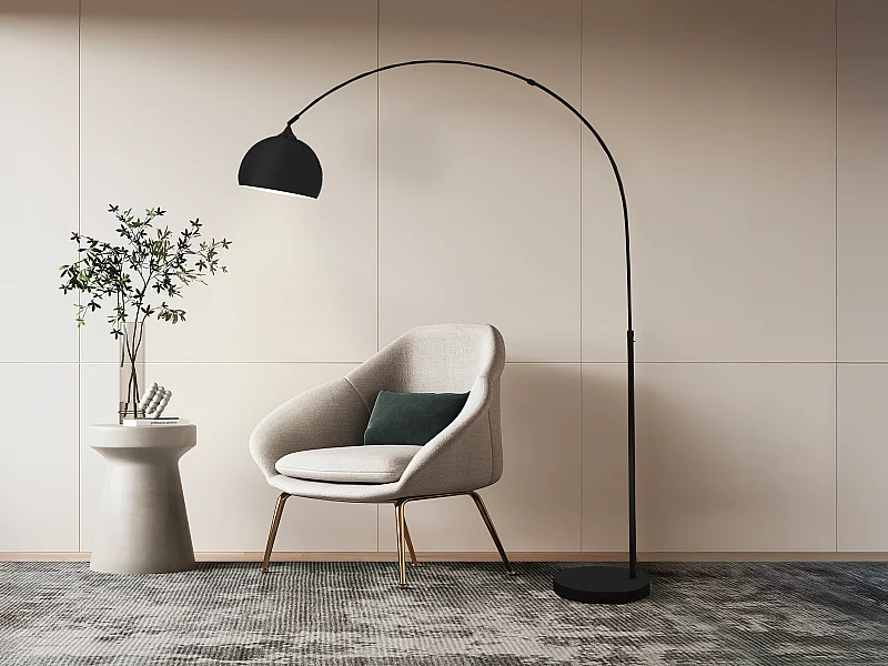 Grand lampadaire arc - Métal et marbre - H. 180 cm - Noir mat - OMBRAGE