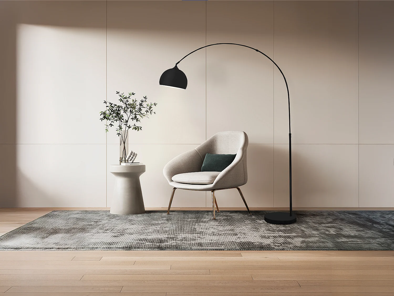 Grand lampadaire arc - Métal et marbre - H. 180 cm - Noir mat - OMBRAGE