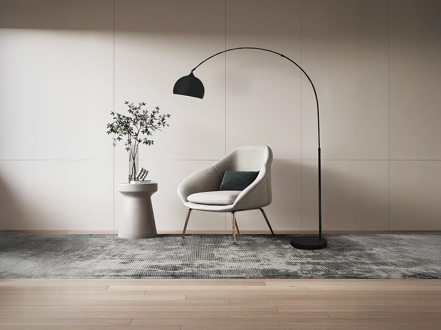 Grand lampadaire arc - Métal et marbre - H. 180 cm - Noir mat - OMBRAGE