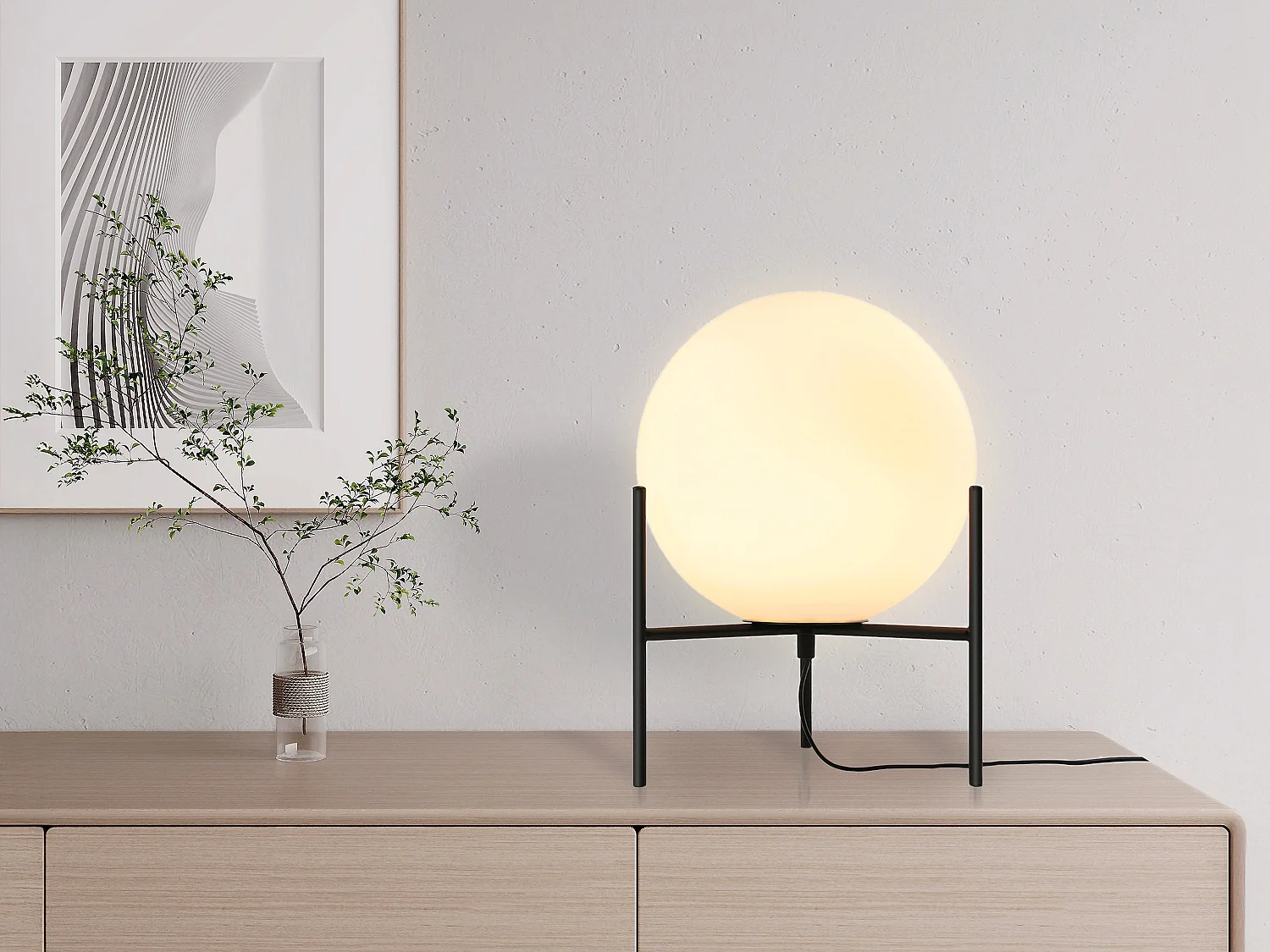 Lampe à poser globe sur pied - D. 25 x H. 35 cm - Noir et blanc -BARLOW