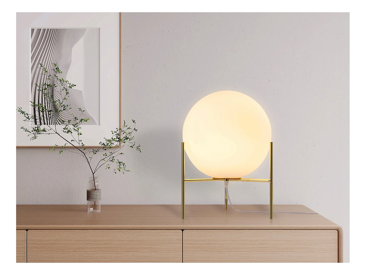 Lámpara de mesa globo con base - D. 25 x Alt. 35 cm - Dorado y blanco - BARLOW