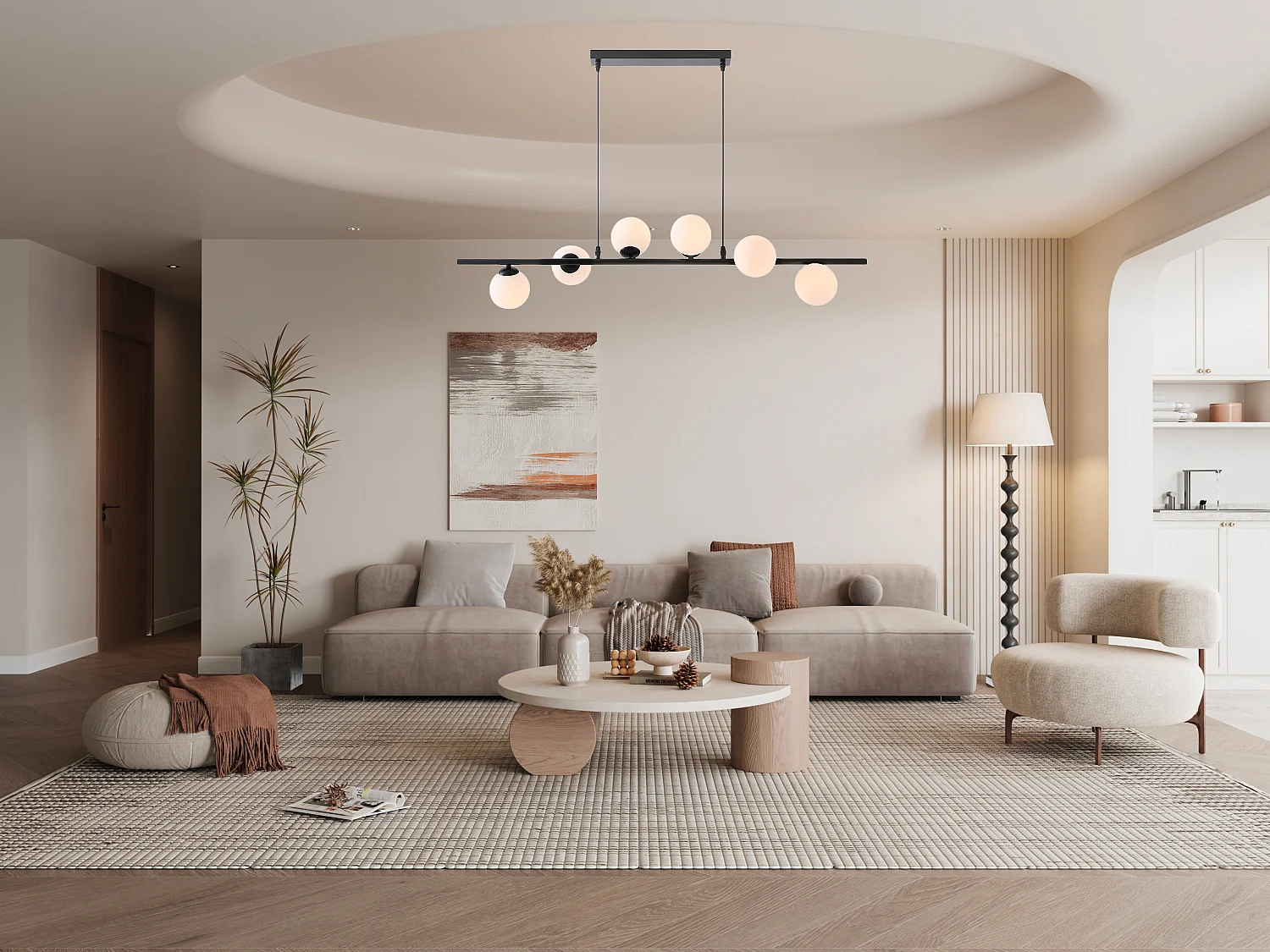 Lustre en métal et verre 6 globes - L. 100 x P. 24,5 cm - Noir mat - INUNTA