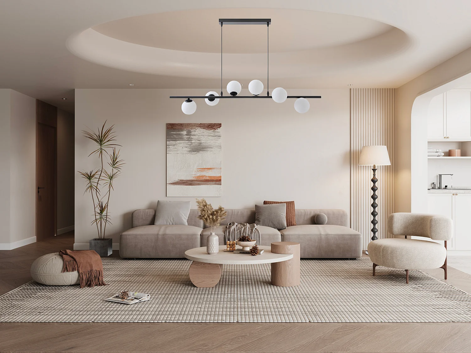 Taklampa i metall och glas med 6 glober - L. 100 x B. 24,5 cm - Matt svart - INUNTA