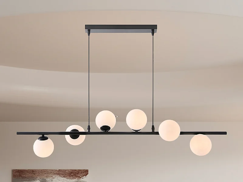 Lampadario 6 sfere L. 100 x P. 24,5 cm in Metallo e Vetro Nero opaco - INUNTA